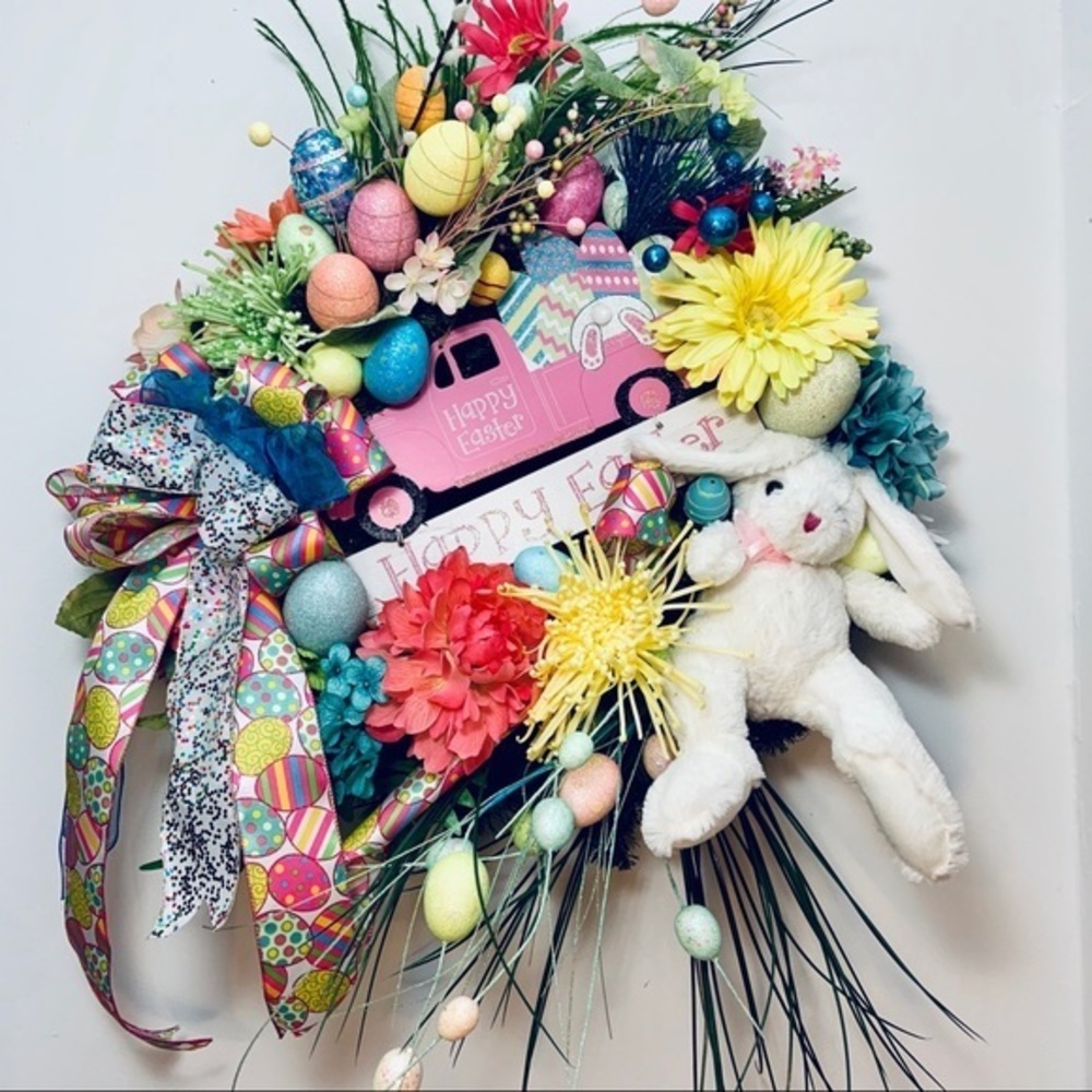 New Designer Floral Easter Lush Bunny Pick Up Truck Spring Door Wall Wreath